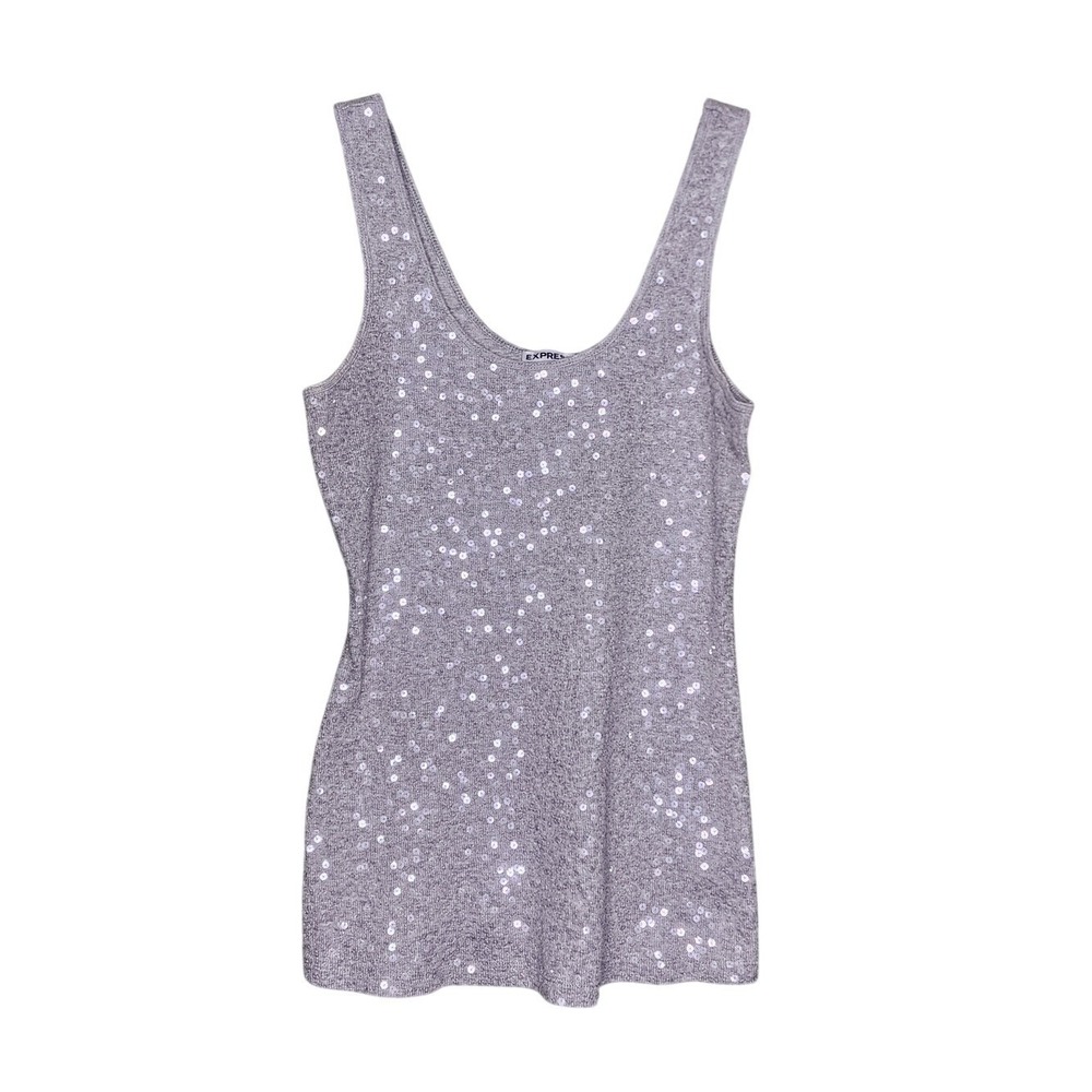 Express Gray‎ Tank Top Sequin Front Y2K Vintage Party Scoop Neck Cotton Summer L